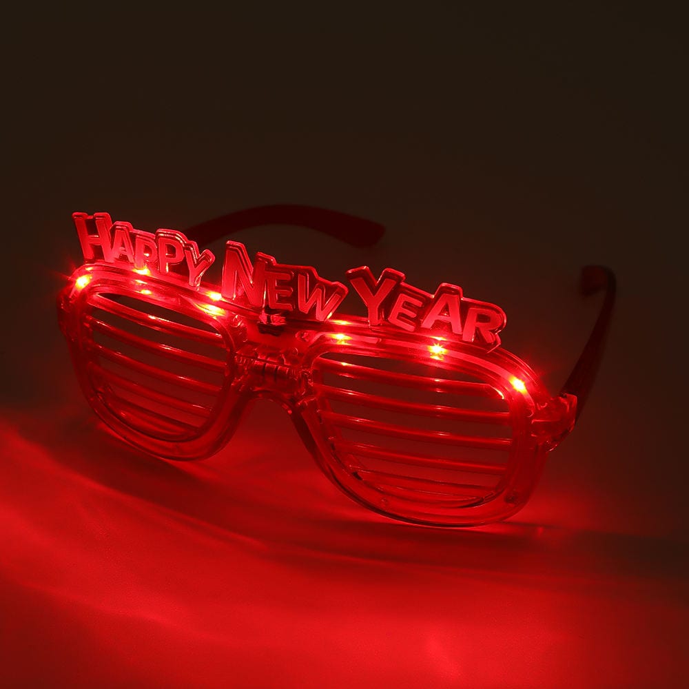 Six-light LED shutter glasses glowing red with a HAPPY NEW YEAR topper